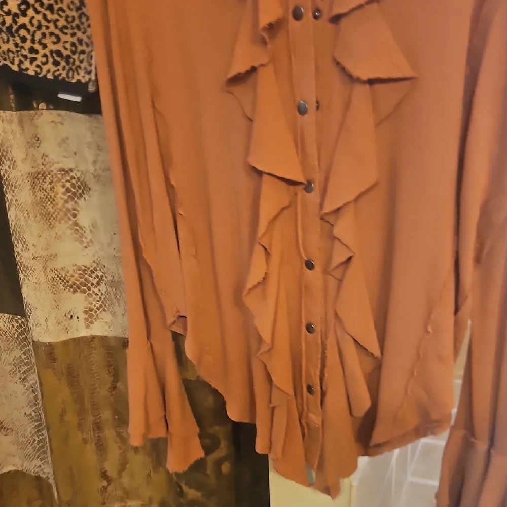 Free People Rust Ruffle Button-Up Blouse - Picture 5 of 6
